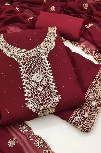 Women maroon georgette dress material with dupatta