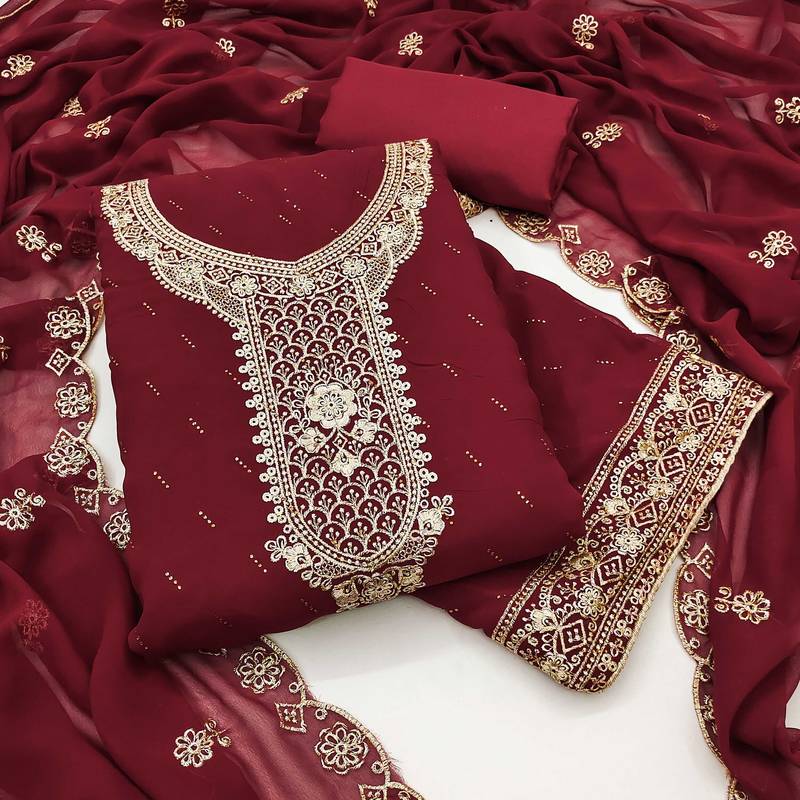 Women maroon georgette  dress material with dupatta