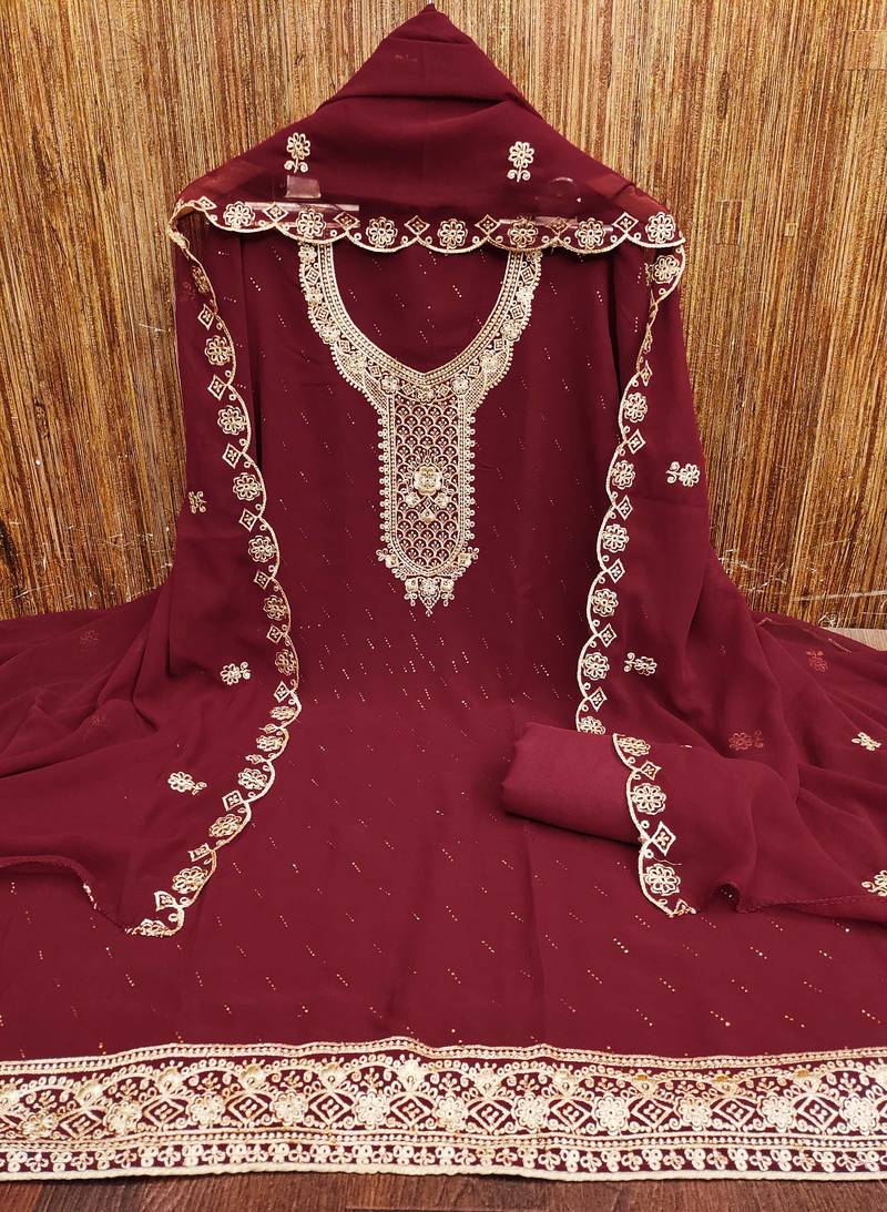 Women maroon georgette  dress material with dupatta