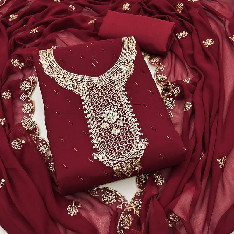 Women maroon georgette  dress material with dupatta