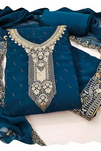 Women blue georgette  dress material with dupatta