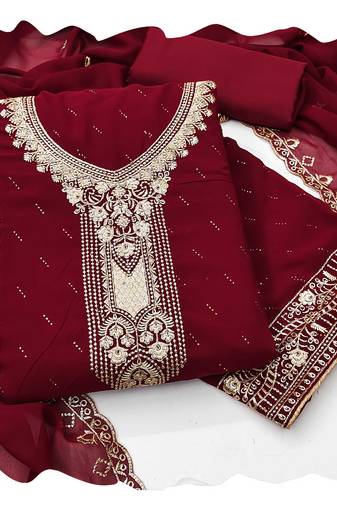 Women maroon georgette  dress material with dupatta