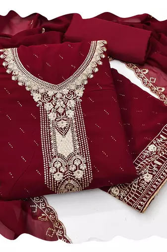 Women maroon georgette  dress material with dupatta