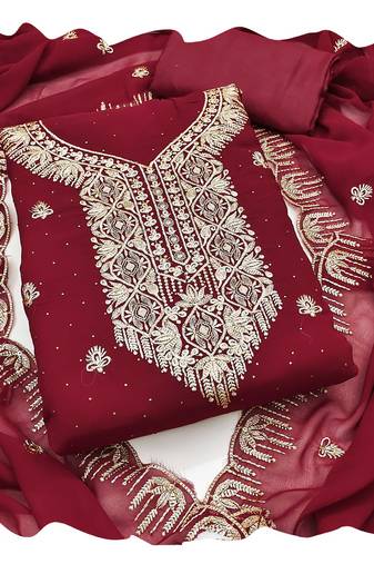 Women maroon georgette  dress material with dupatta