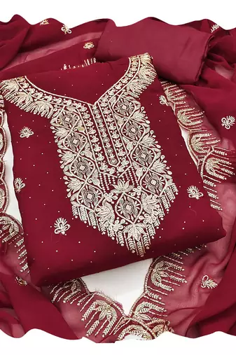 Women maroon georgette  dress material with dupatta