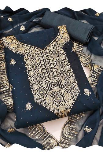 Women teal blue georgette  dress material with dupatta