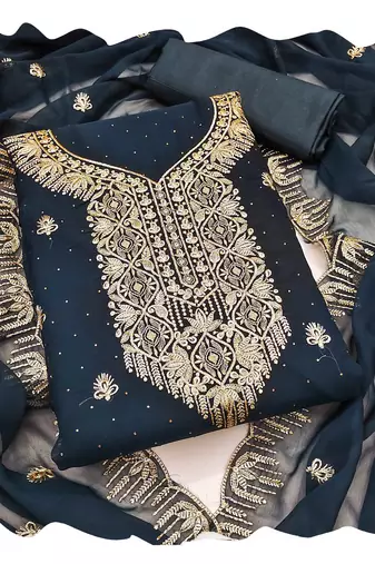 Women teal blue georgette  dress material with dupatta