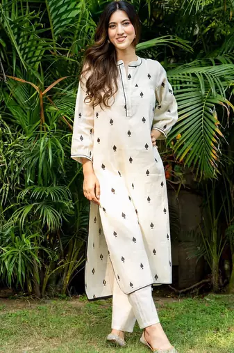White emboridered cotton straight kurta set