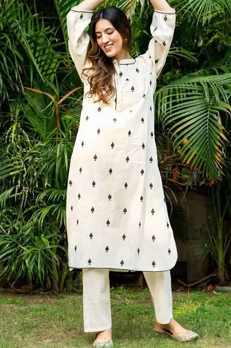 White emboridered cotton straight kurta set