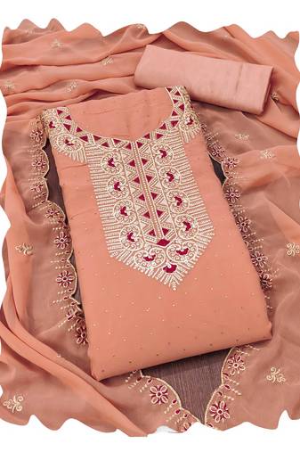 Women peach georgette  dress material with dupatta