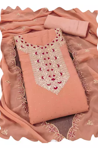 Women peach georgette  dress material with dupatta