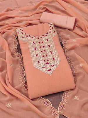 Women peach georgette dress material with dupatta 2