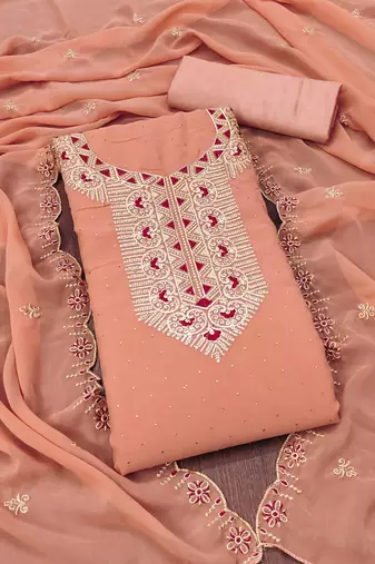 Women peach georgette dress material with dupatta