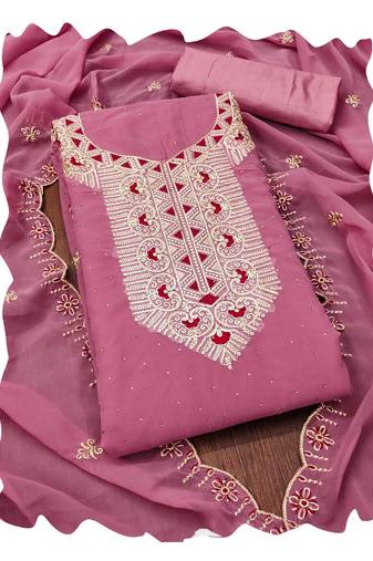 Women pink georgette  dress material with dupatta