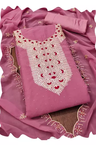 Women pink georgette  dress material with dupatta