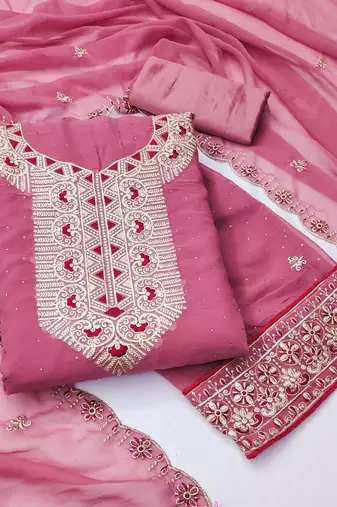 Women pink georgette dress material with dupatta