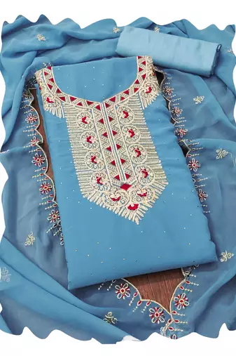 Women sky blue georgette  dress material with dupatta