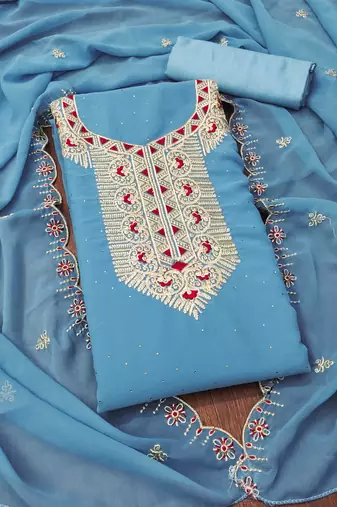 Women sky blue georgette dress material with dupatta