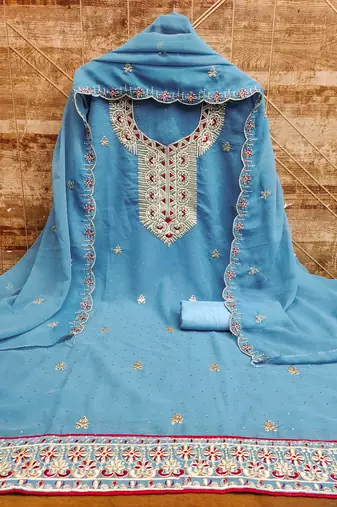 Women sky blue georgette dress material with dupatta
