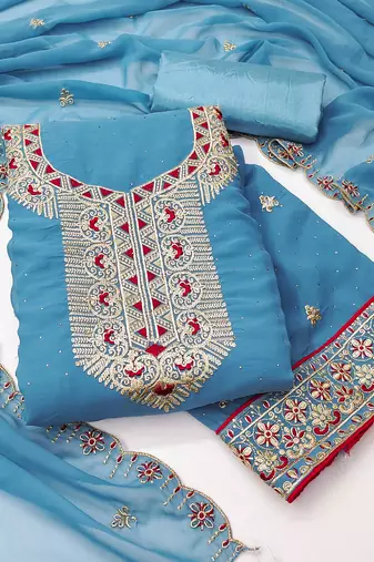 Women sky blue georgette dress material with dupatta