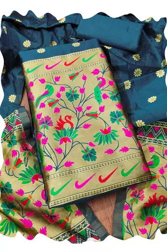 Women blue banarasi silk  dress material with dupatta