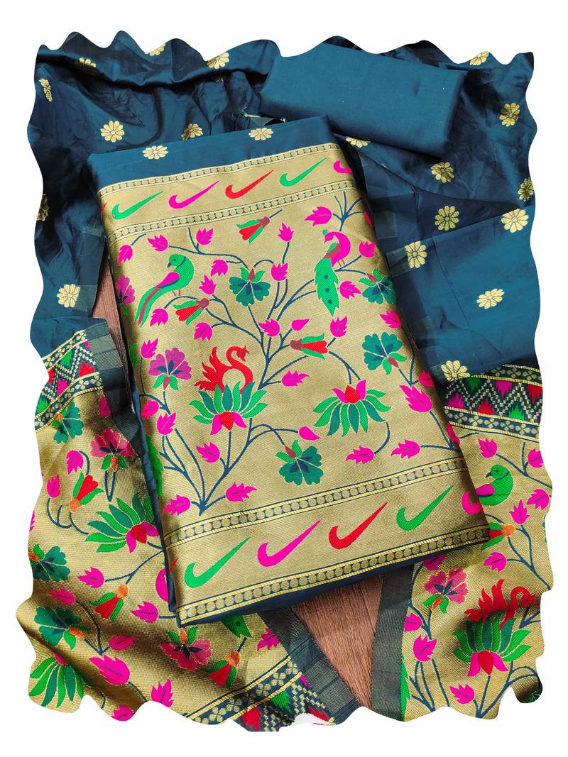 Women blue banarasi silk  dress material with dupatta