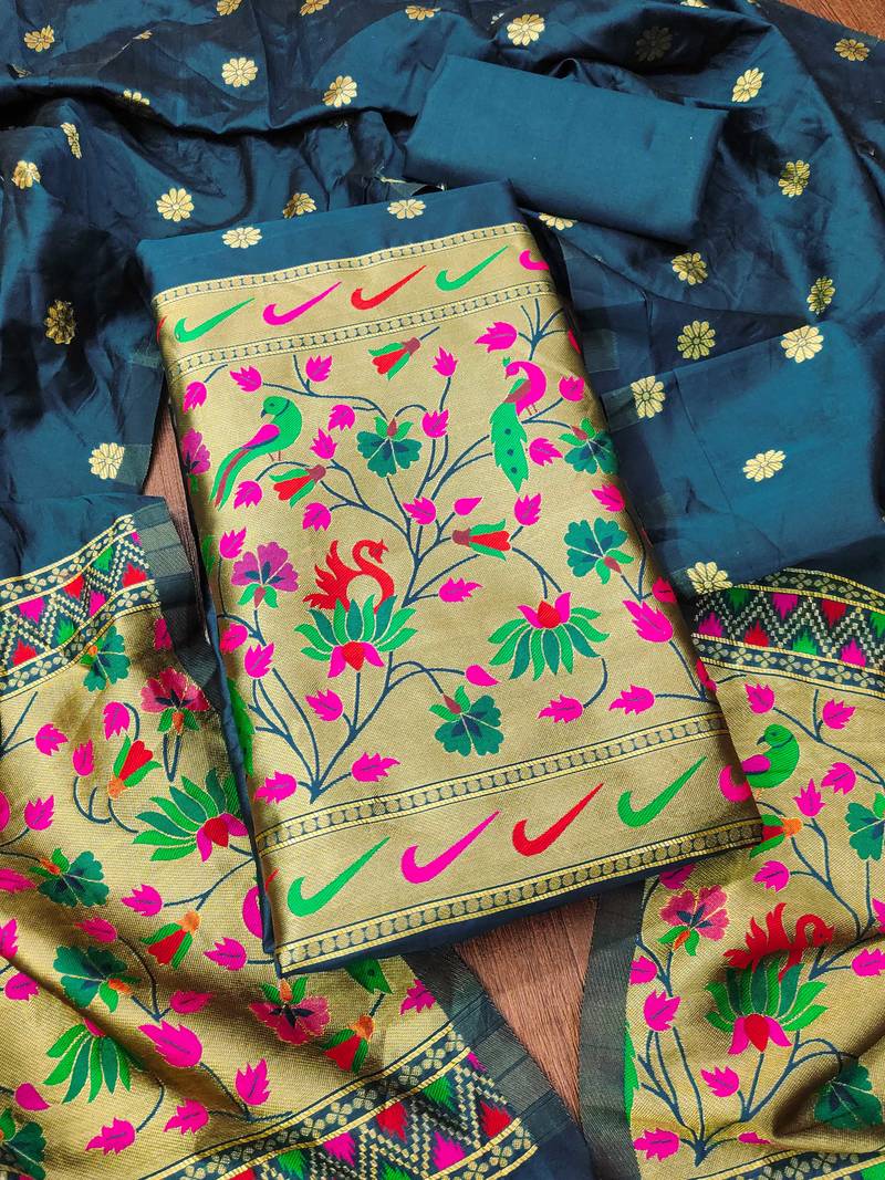 Women blue banarasi silk  dress material with dupatta