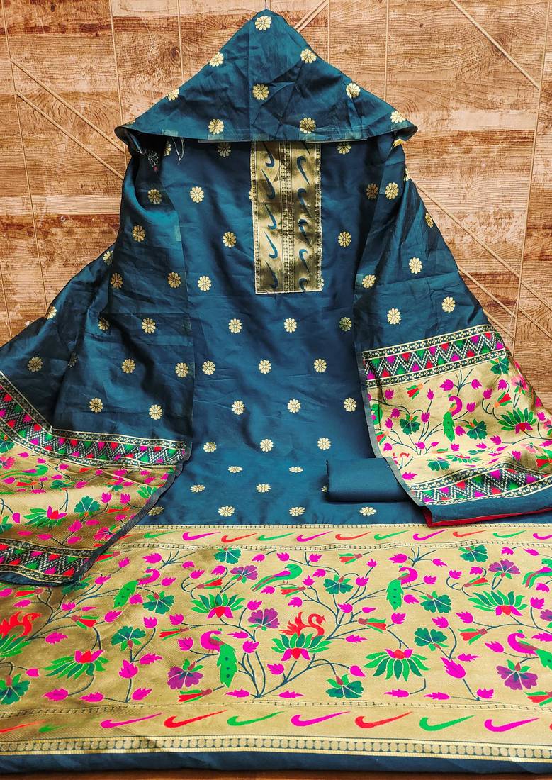 Women blue banarasi silk  dress material with dupatta