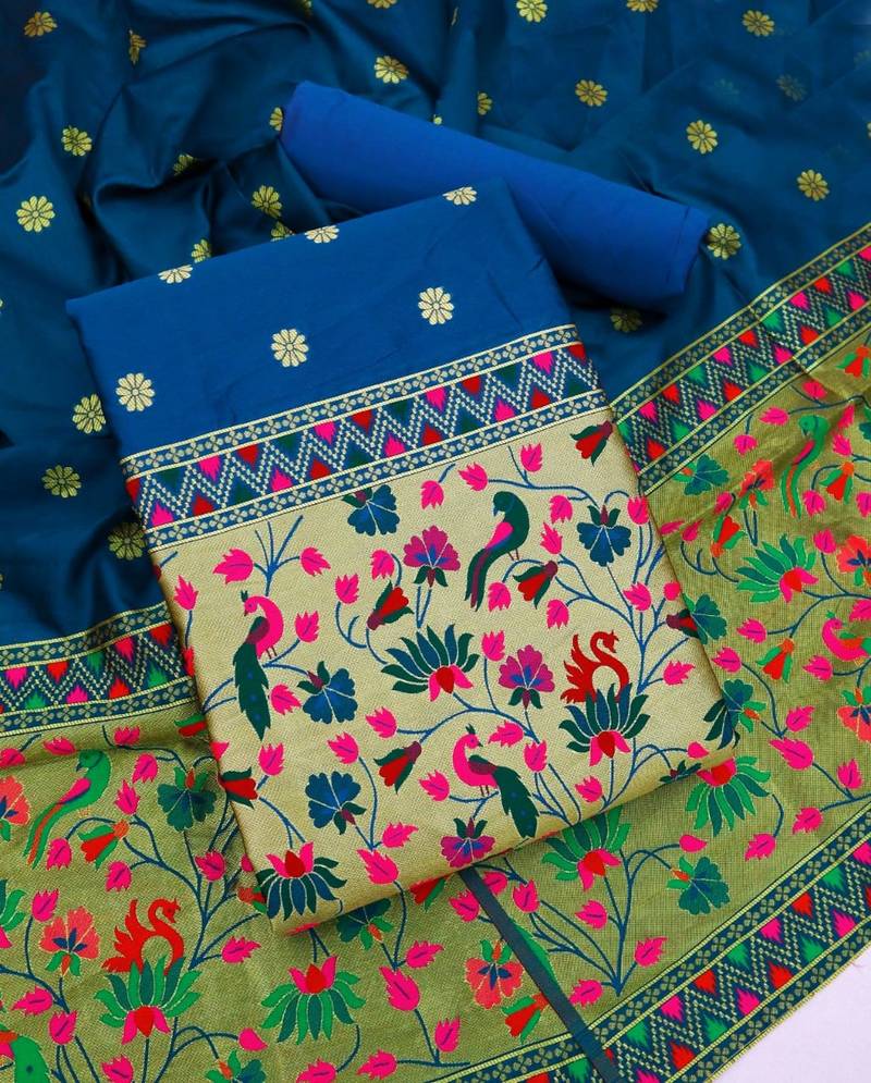 Women blue banarasi silk  dress material with dupatta