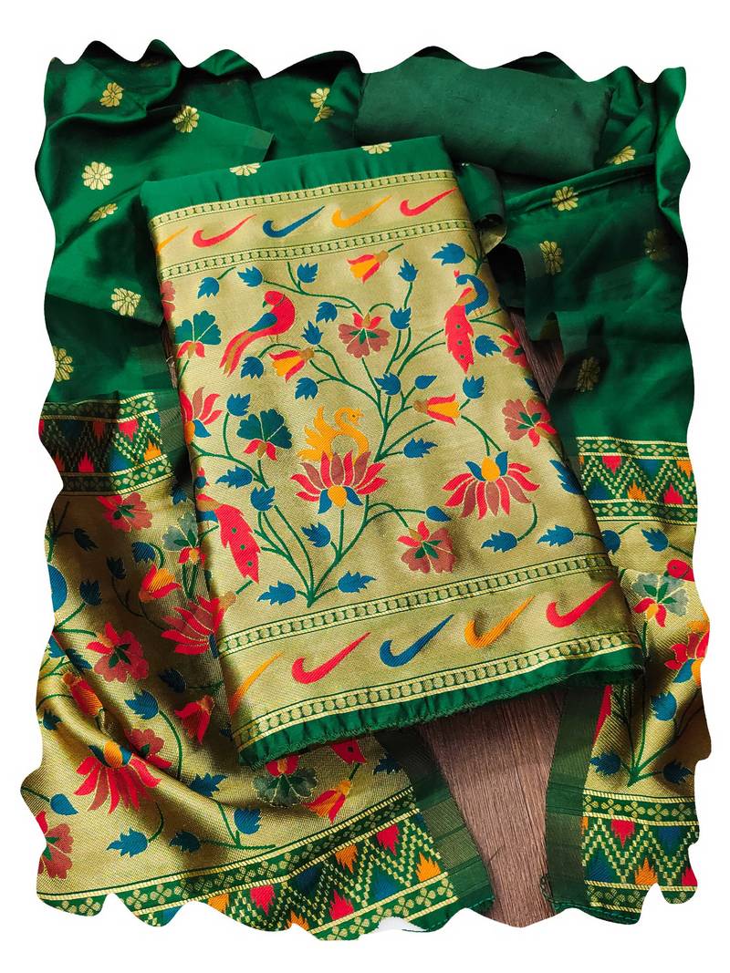 Women green banarasi silk  dress material with dupatta