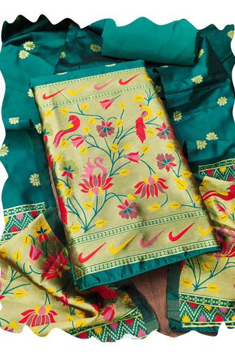 Women sea green banarasi silk  dress material with dupatta