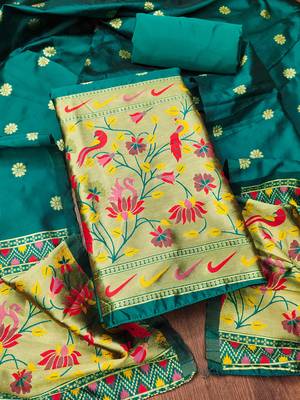 Women sea green banarasi silk  dress material with dupatta 2