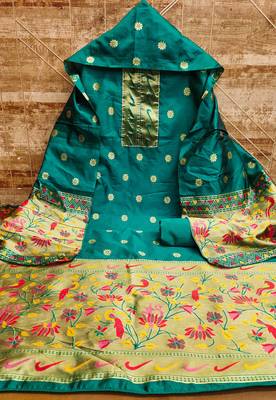 Women sea green banarasi silk  dress material with dupatta 3
