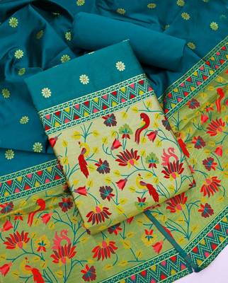 Women sea green banarasi silk  dress material with dupatta 4