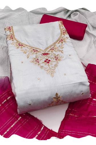 Women grey coco silk  dress material with dupatta