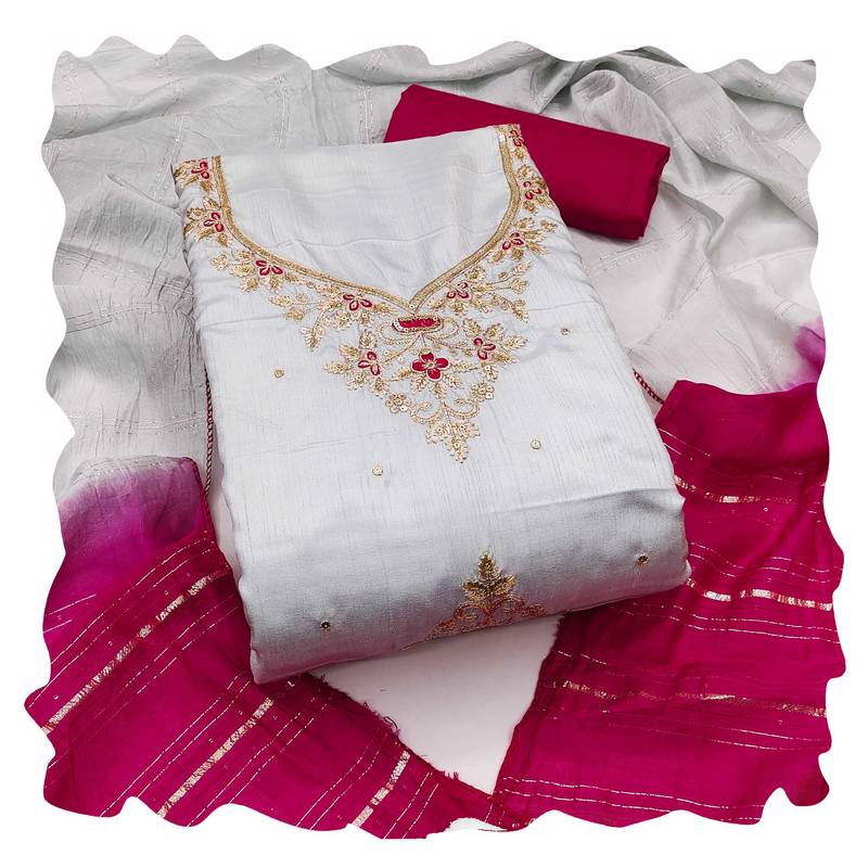 Women grey coco silk  dress material with dupatta