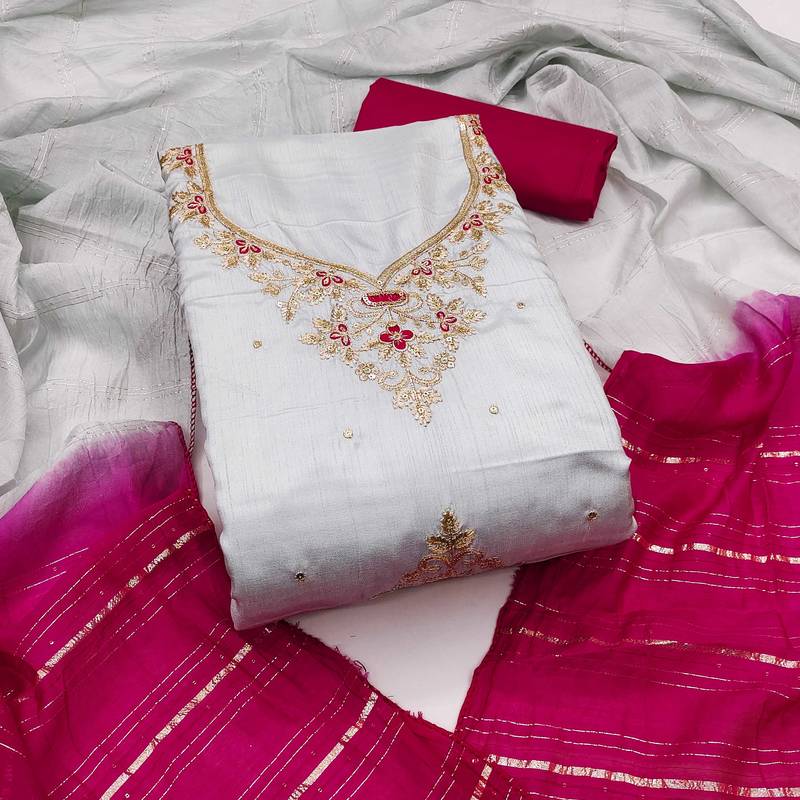 Women grey coco silk  dress material with dupatta