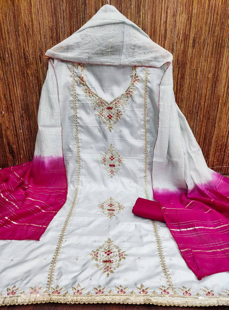 Women grey coco silk  dress material with dupatta