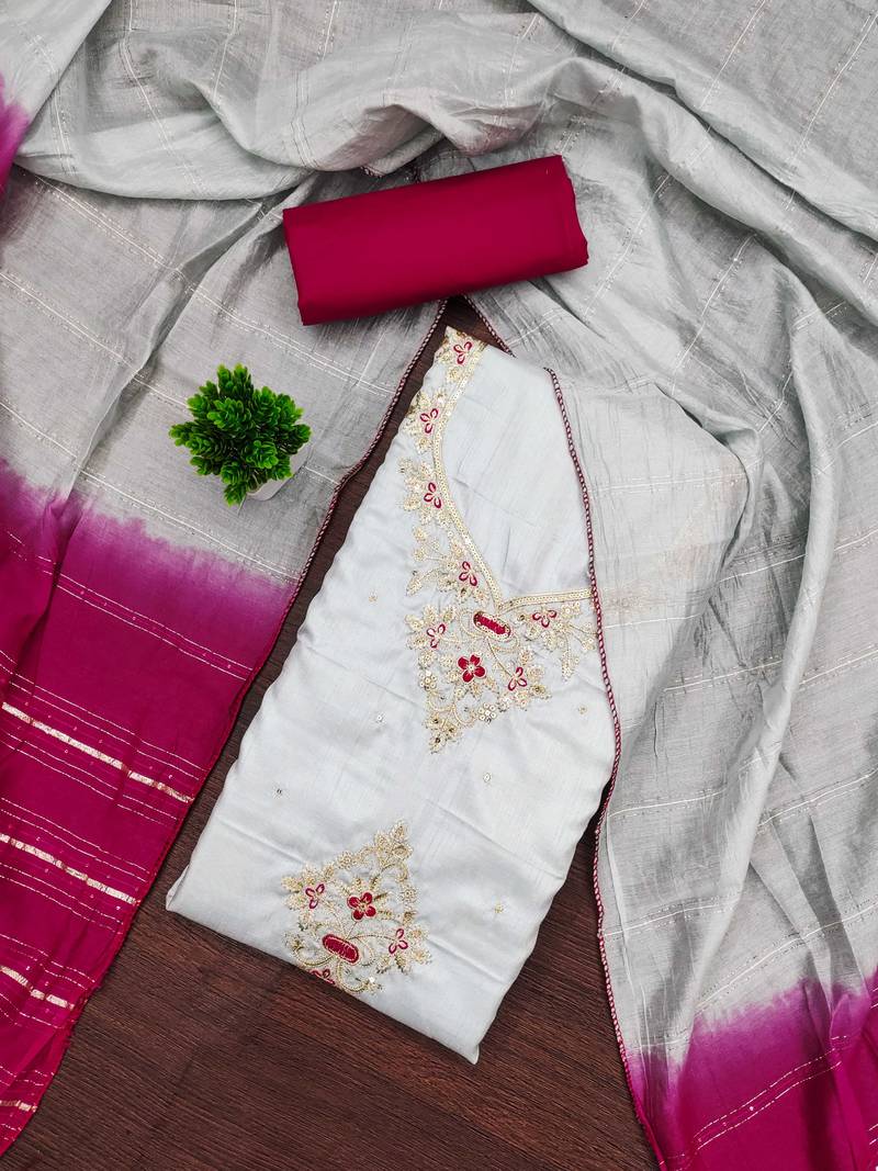 Women grey coco silk  dress material with dupatta