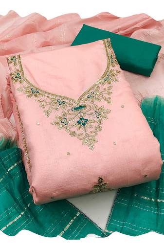 Women peach coco silk  dress material with dupatta