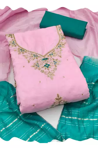 Women pink coco silk  dress material with dupatta