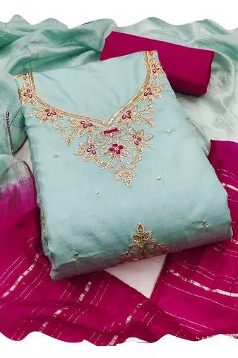 Women sky blue coco silk  dress material with dupatta