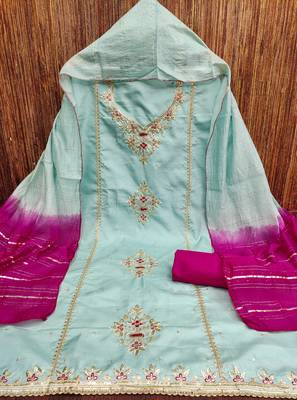 Women sky blue coco silk  dress material with dupatta 3