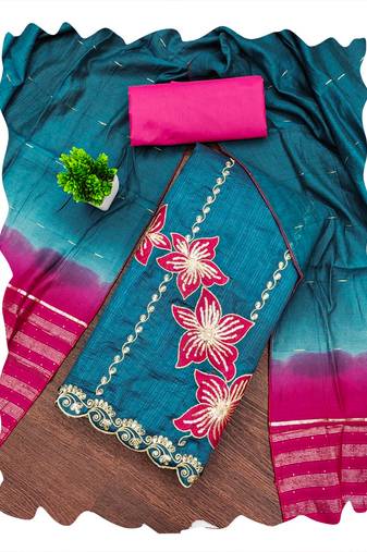 Women blue coco silk  dress material with dupatta