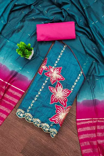 Women blue coco silk dress material with dupatta