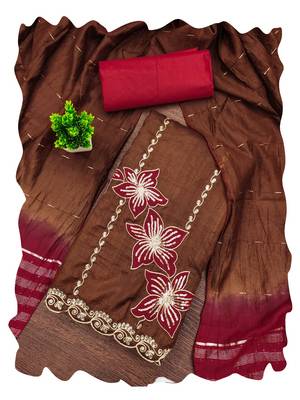 Women brown coco silk dress material with dupatta 1