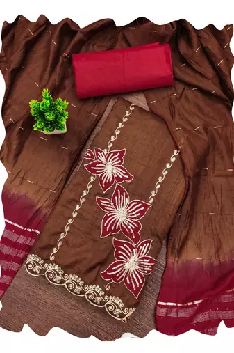 Women brown coco silk  dress material with dupatta
