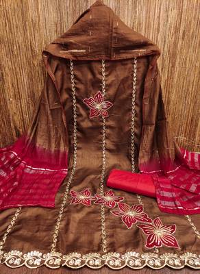 Women brown coco silk dress material with dupatta 4
