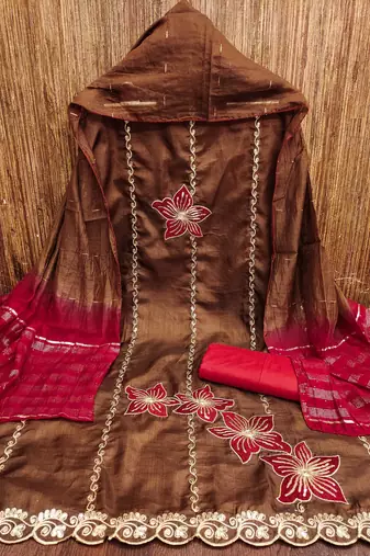 Women brown coco silk dress material with dupatta