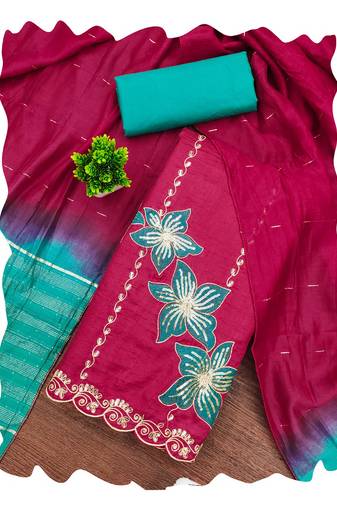 Women pink coco silk  dress material with dupatta